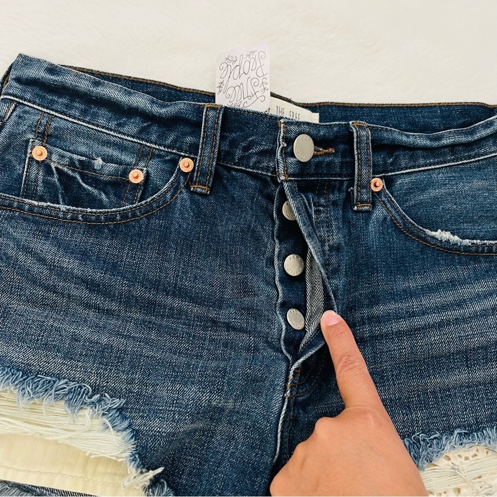 Free People Dark Blue Frayed Jean Shorts - Picture 6 of 6